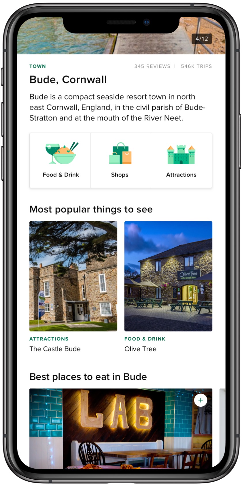 The Littletrips app showing the information page for a town or village