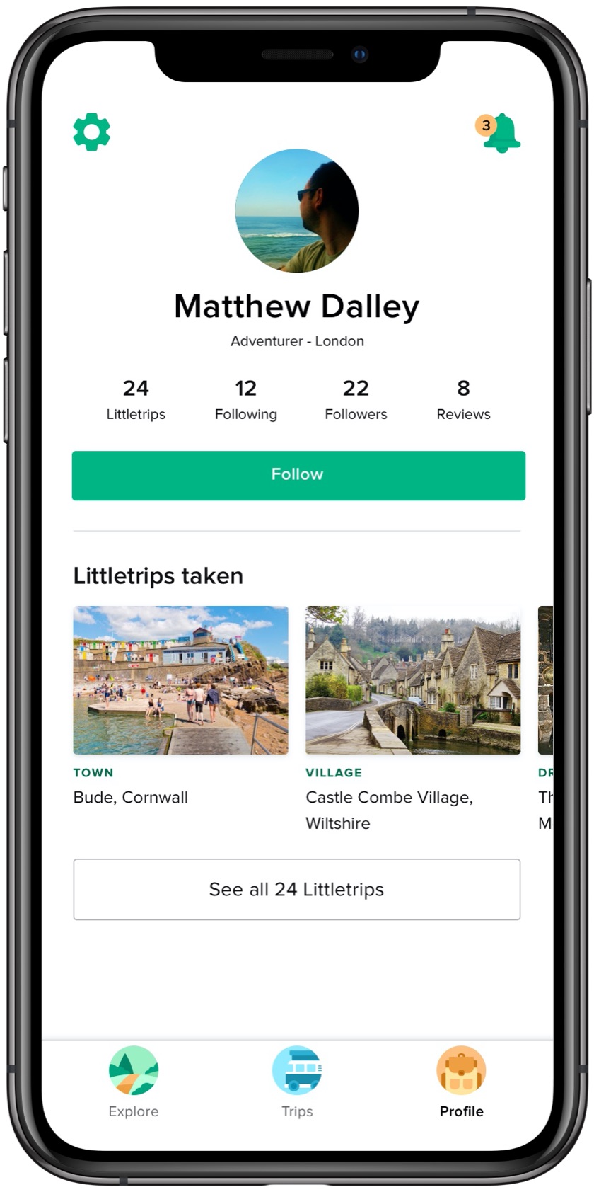 Viewing a users dashboard profile in the Littletrips app